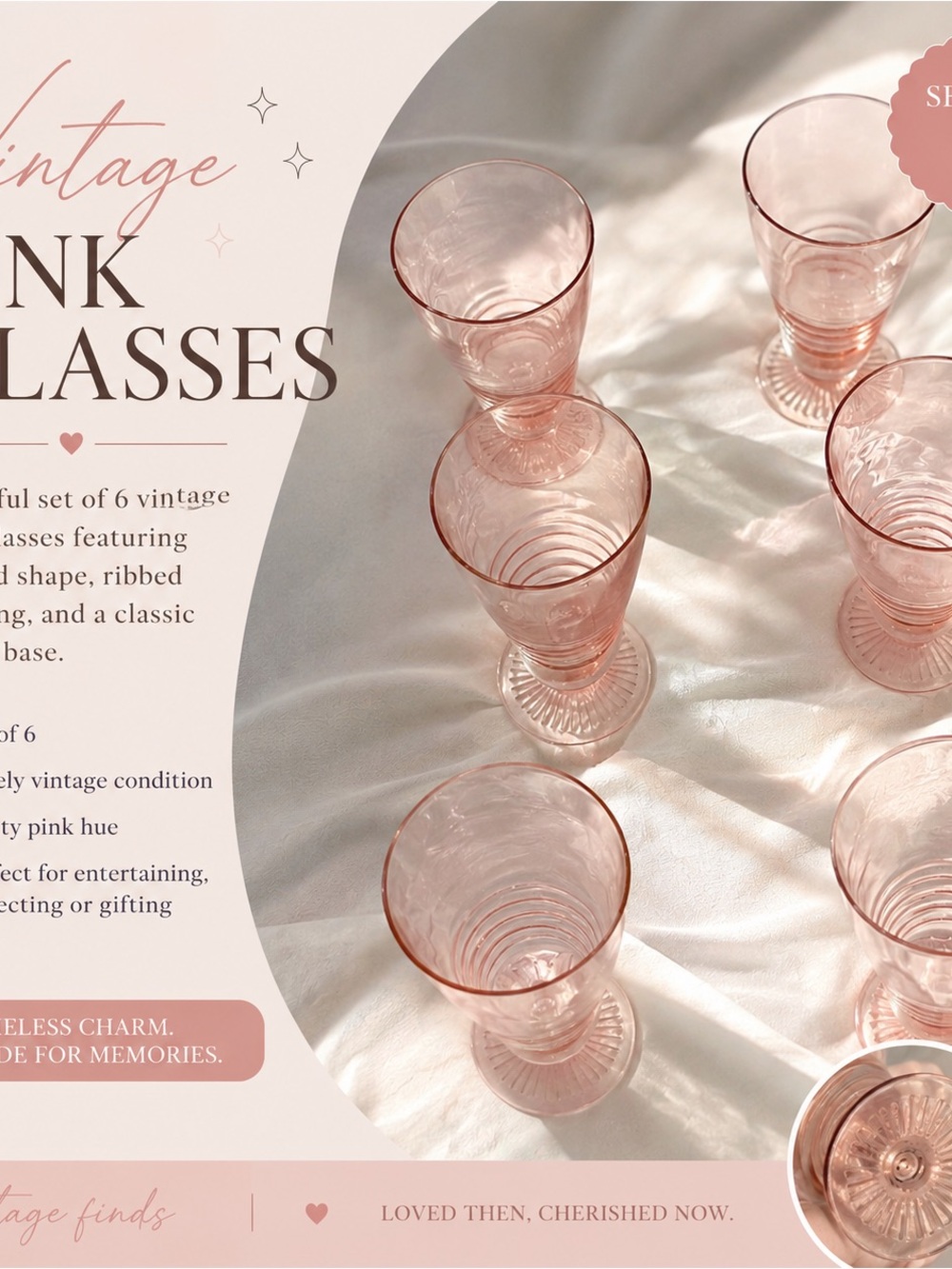Vintage Pink Depression Drinking Glasses - Set of 6
